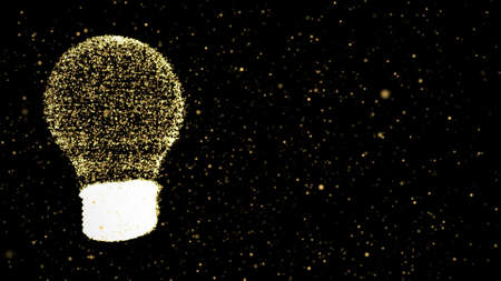 Illustration of yellow lightbulb with dots on dark background with gold bokeh. Future technology,...