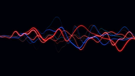 Abstract colorful dynamic music wave with dots. Audio digital equalizer technology. Glowing electric...