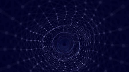 Abstract wireframe tunnel. Futuristic wormhole. Space background with connecting dots. Blue tunnel grid. 3d rendering.の写真素材