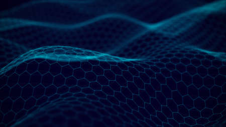 Dynamic particles wave. Big data visualization 3D. 3d rendering. Futuristic backdrop for design, wallpaper with hexagons. HUD element.の写真素材