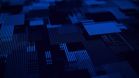 Blue digital futuristic cyberspace. Data storage service. Big data technology concept. Blockchain system connections. Server room. Quantum computer system. 3d rendering of matrix with particles and lighting.の写真素材