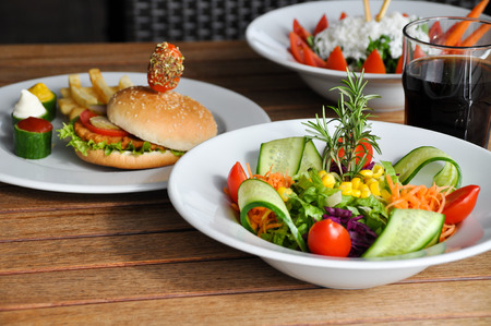 Hamburger and salads with a nice presentationの写真素材