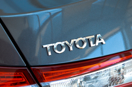 Close-up Toyota logo. Chrome metalのeditorial素材
