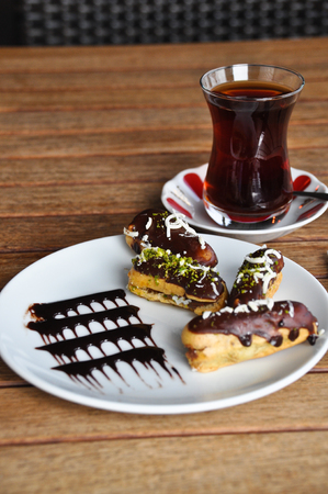 Prepared for special occasions, delicious and beautiful cake and Turkish teaの写真素材