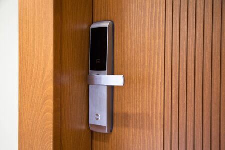 Modern wooden looking front door, electronic security lock system, steel door