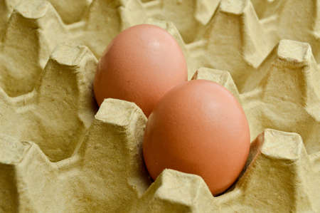 Fresh organic brown eggs in a carton box package, protected paper yellow egg box