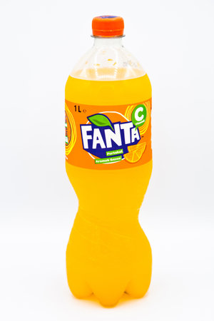 Fanta carbonated drinks orange in 1 liter plastic bottles, Istanbul Turkey August 02 2020, isolated on a white backgroundのeditorial素材