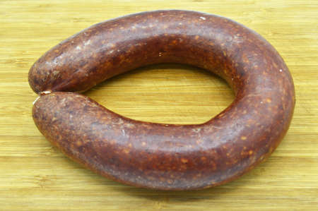 Homemade kangal sucuk made from various spice mixtures used in Turkish cuisine, on bamboo cutting...