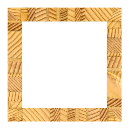 Wooden marquetry square frame, wooden frame made from a combination of different woods, isolated on a white backgroundの写真素材