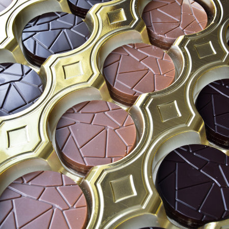 Very tasty round chocolates with milk and bitter, in stylish decorative boxの写真素材