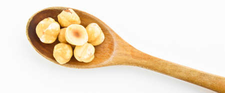 Fresh tasty organic roasted hazelnuts and peeled filbert, on wooden spoon, isolated on white backgroundの写真素材