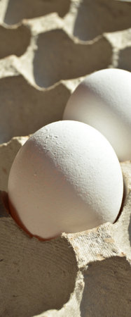 Fresh organic white eggs in a carton box package, protected paper gray egg boxの写真素材