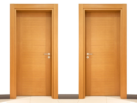 Modern brown walnut front entrance wooden two door in house or office interior, isolated transparent backgroundの写真素材