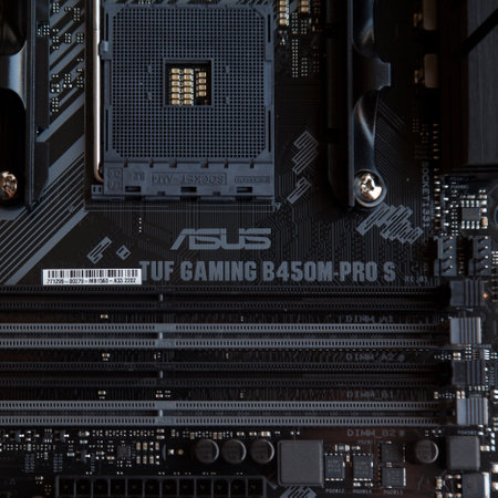 Enjoy exceptional performance with the Asus Tuf Gaming B450M Pro S Gaming black motherboard. August 27 2022 Istanbul Turkeyのeditorial素材