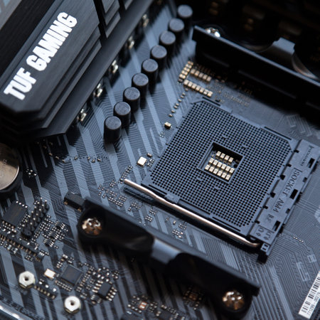 Enjoy exceptional performance with the Asus Tuf Gaming B450M Pro S Gaming black motherboard. August 27 2022 Istanbul Turkeyのeditorial素材