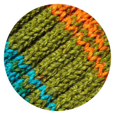 Pattern fabric made of wool. Handmade knitted fabric turquoise orange and green wool background...