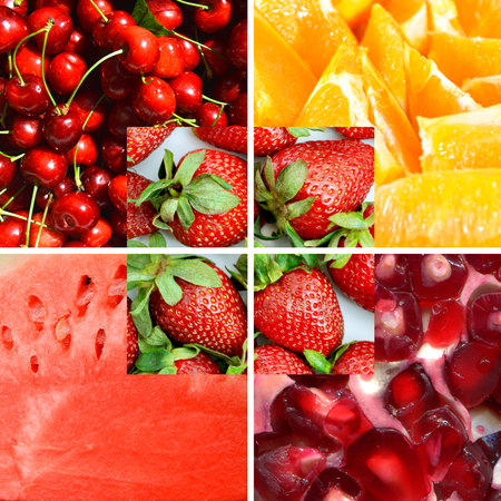 Photo collage of various raw very fresh red fruits, suitable for website header bannerの写真素材
