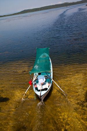 Touristic sightseeing wooden boats around Ulubat or Uluabat Lake in Bursa, Turkey, June 25 2023のeditorial素材