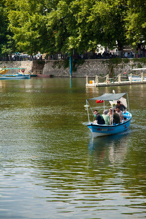 Touristic sightseeing wooden boats around Ulubat or Uluabat Lake in Bursa, Turkey, June 25 2023のeditorial素材