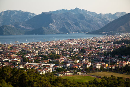 City view from above of Marmaris district in Mugla, Turkey, which attracts local and foreign tourists with its sea and nature, June 26 2023のeditorial素材