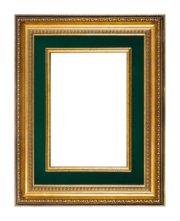 Rectangular empty wooden and gold gilded ornamental frame isolated on white background