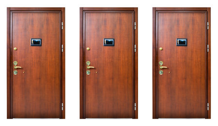 Modern walnut wooden looking front three door, very sturdy steel door, electronic security lock system, steel door, isolated on white backgroundの写真素材