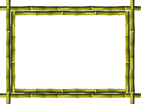 Square empty wooden and green bamboo stick frame, isolated on white backgroundの写真素材