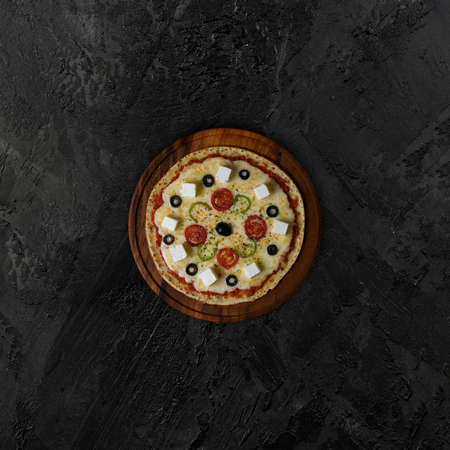 pizza, cheese pizza, cheese veggie pizza, italian pizza, turkish pizza, pizza on black backgroundの写真素材