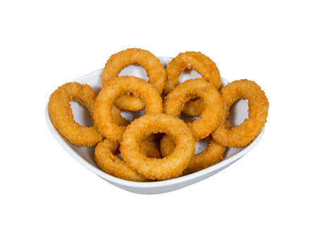 fried onion rings on a white backgroundの写真素材