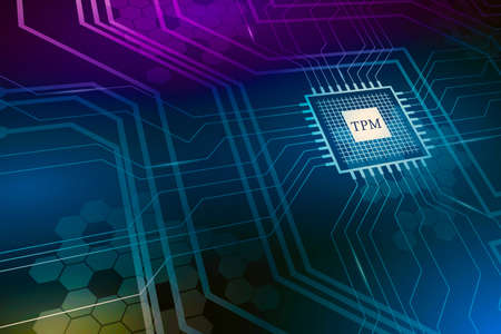 Circuit board with microchip on color background. Vector illustration.