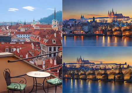 three views of Prague houses river and bridgesの写真素材