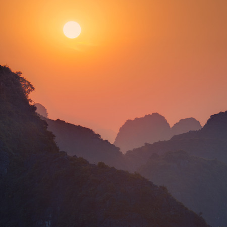 Mountains valley during sunset. Creative filter affectの写真素材