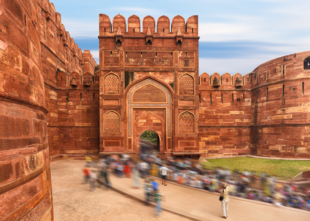 Agra Red Fort gate with tourists moving, Jaipur, India, Rajasthanのeditorial素材