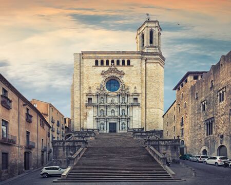 Catedral de Santa Maria de Gerona, view from the steps, Barcelona, Spain, Cataloniaの写真素材