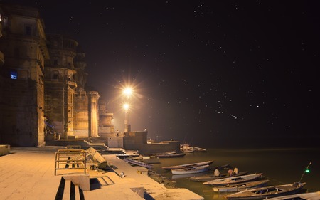 Night view of holy ghats of Varanasiの写真素材