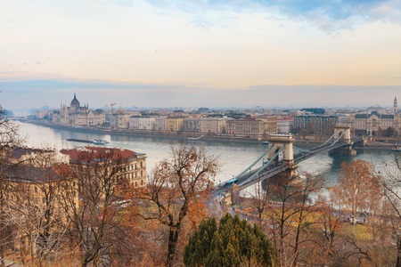 View of Budapest over Chain Bridge from Buda Castleの写真素材