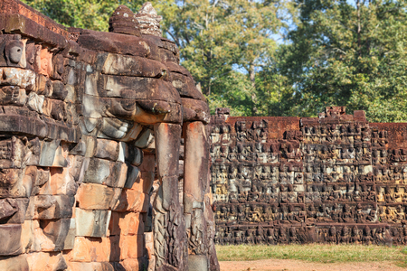 Terrace of the Elephants, part of the walled city of Angkor Thom, a ruined temple complex in Cambodiaの写真素材