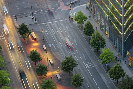 View on Potsdam Square and street from above, important public square and traffic intersection in...