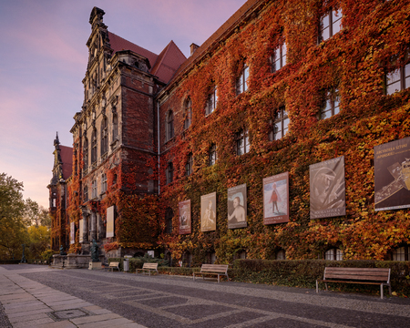 Wroclaw, Poland, - November 1, 2015: Wroclaw National museum at vivid sunset, autumn colorsのeditorial素材