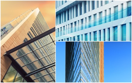 Perspective view from below through transparent wet canopy of modern building at sunset