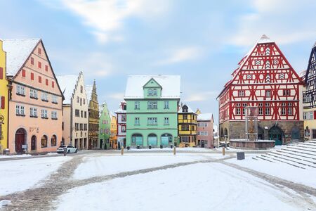 Amazing winter on Market square of Rothenburg ob der Tauber, Middle Franconia, Bavaria, Germanyの写真素材