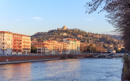 historical quarter of Verona, sunny view from river on fort San Leonardo, Italyの写真素材