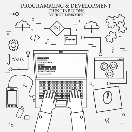 Thin line design of cloud computing technology, wireless communication, website programming code, hosting service for developers. For web and mobile.のイラスト素材