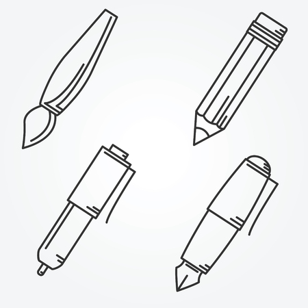 Writing tools. Pencil, pen, fountain pen, brush,  ballpoint thin line のイラスト素材
