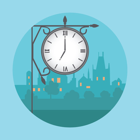 Street clock in the background of night city.のイラスト素材