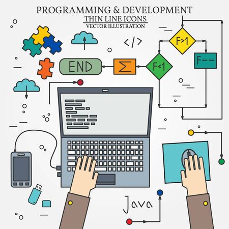 Thin line design of cloud computing technology, wireless communication, website programming code, hosting service for developers. For web and mobile.のイラスト素材