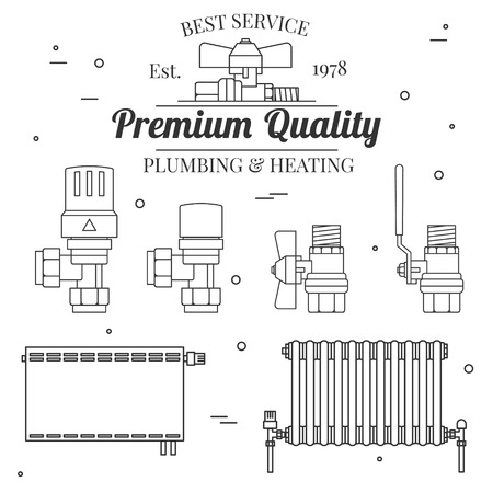 Ball valve icons and central Heating Radiators icons thin line for web and mobile, modern minimalistic flat design. Vector dark grey icon on light grey background.Set.のイラスト素材