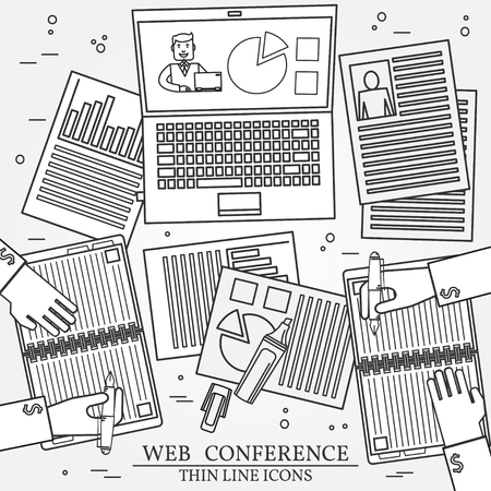 Wibinar, web conference concept icon thin line for web and mobile, modern minimalistic flat design. Vector dark grey icon on light grey background.のイラスト素材