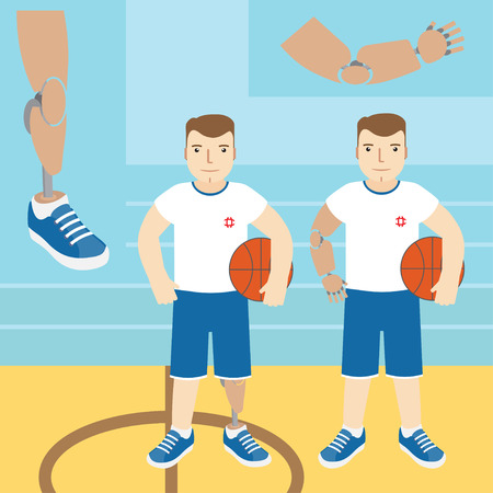 Man with prosthetic arm, holding a basketball, and a man with a prosthetic leg, holding a basketball. Vector illustration.Flat icon.のイラスト素材
