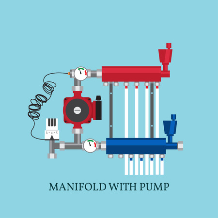 Manifold with Pump for  warm floor.  Vector illustration. Flat heating concept.のイラスト素材